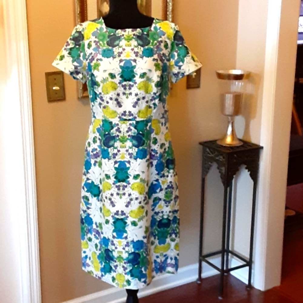 Talbots blue green white floral linen blend dress square neck fit waist 8 EUC…